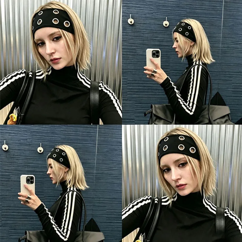 Punk Girl Hollowed Out Eyelets Wide Elastic Headband Nylon High Stretchy Metal Rock Steampunk Sports Headbands Hair Accessories