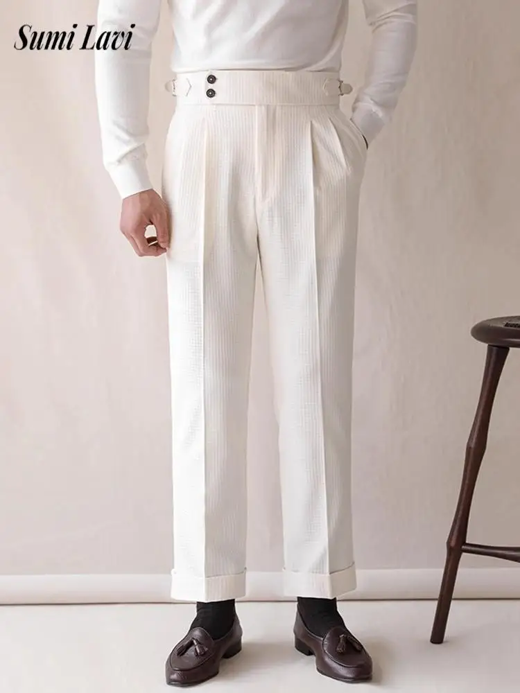 

Vintage Waffle Textured Mens Trousers Spring Autumn Daily Casual Solid Color Suit Pants Men Fashion Pleated Straight Trousers