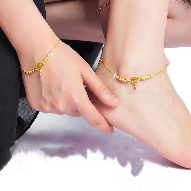 

AU999 Gold Jewelry Anklet Women Fashion 24K Pure Gold Money Small Gold Beads Student Forest Anklet Girlfriend Gift