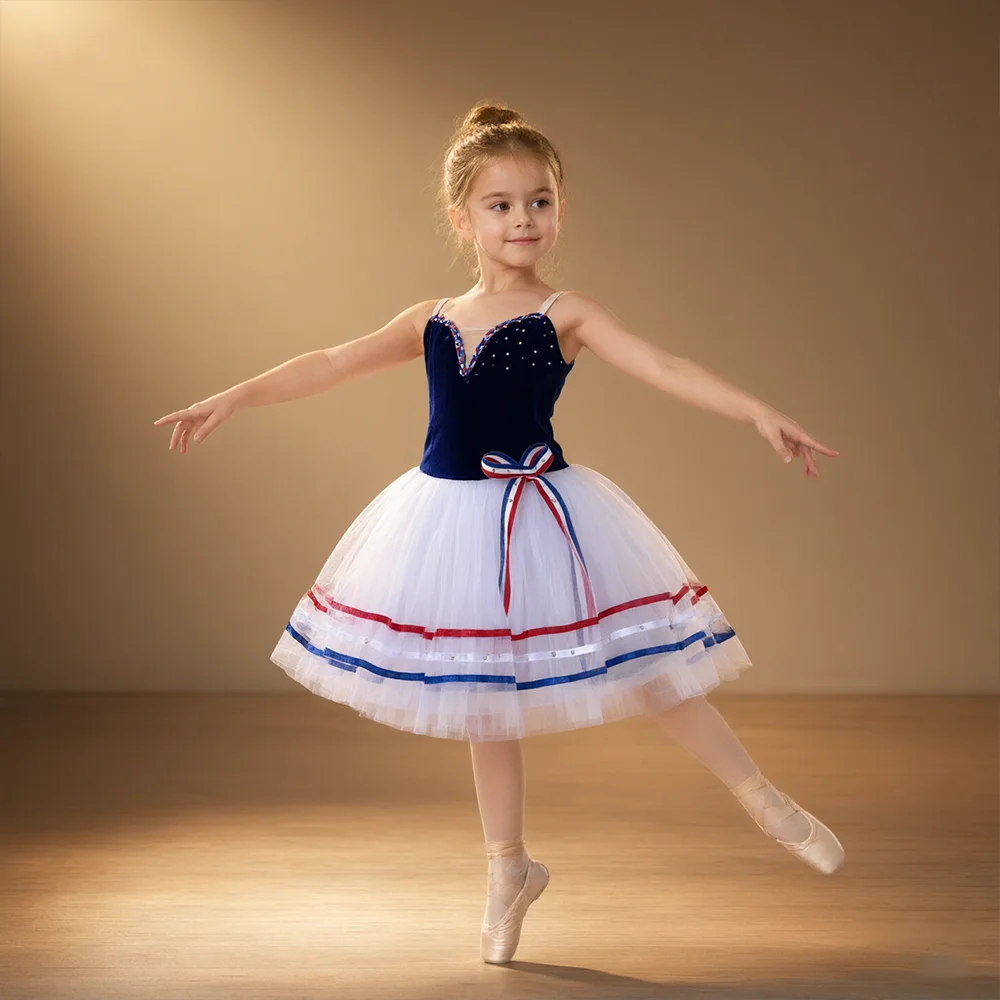 Ballet Dress Ribbon Gauze Rhinestones Gauze Ballerina Party Dress Children Girl Ballet Dance Costumes A-Line Gauze Tulle Skirt