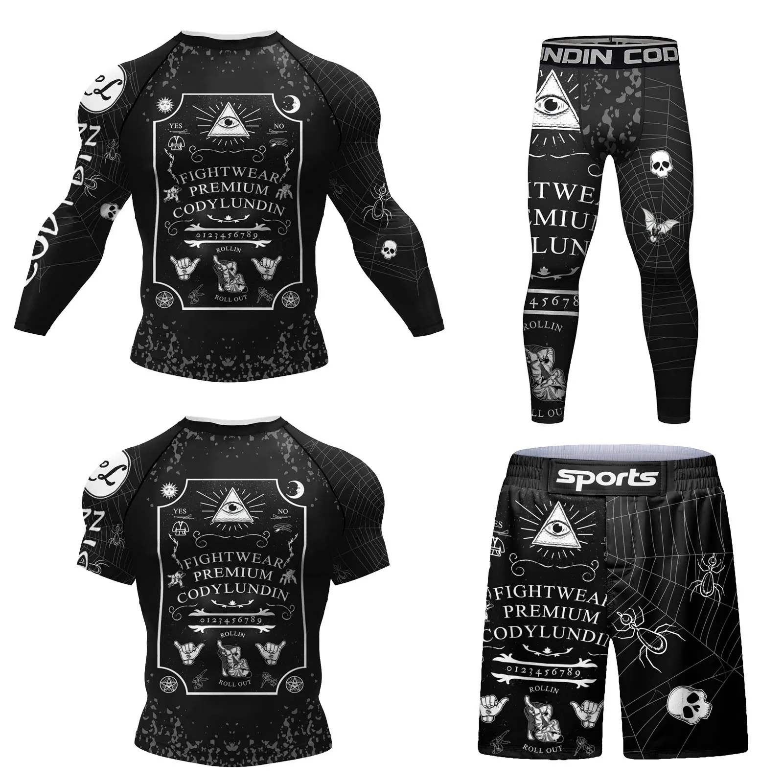 Cody Lundin Black and White printing 4-piece Compression Training Suit Jiu jitsu gi MMA Speed Drying Tight Equipment for Men.
