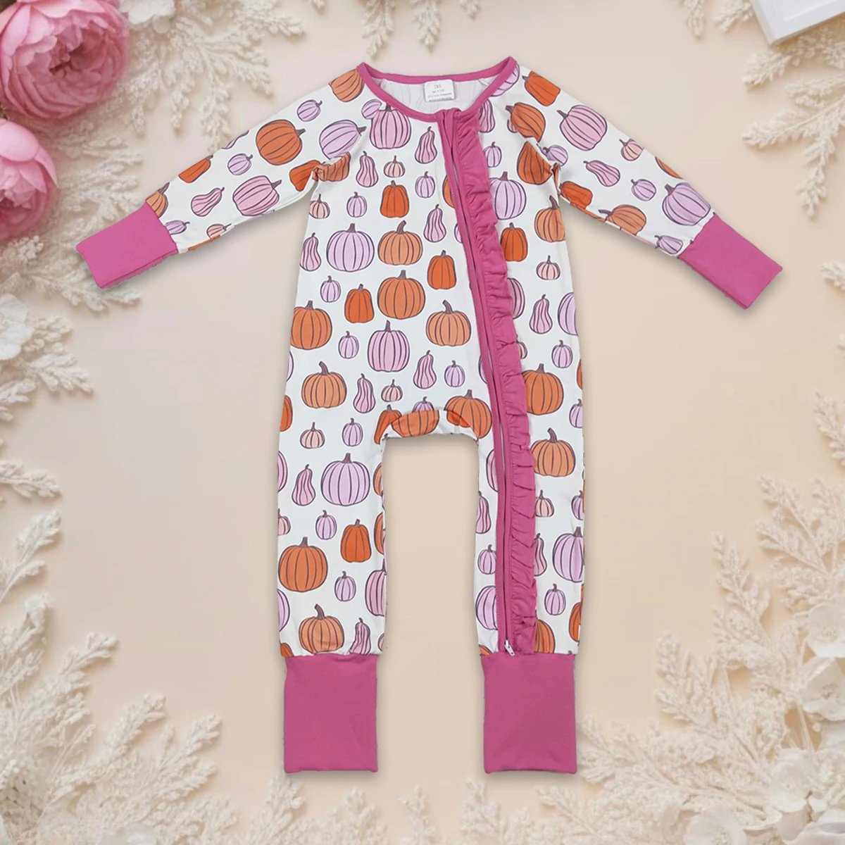 

Hot Sale Baby Girl Romper Fall Newborn Kids Long Sleeve Pumpkins Ruffle Zipper Footie Rompers Infant Toddler Jumpsuit 0-2years
