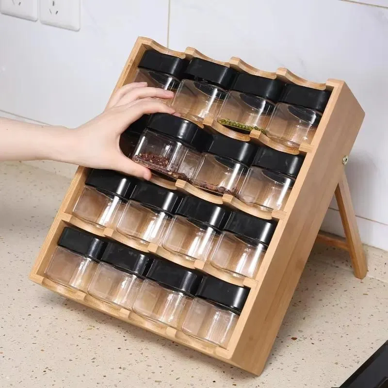 Genuine environmentally friendly bamboo 16 grid kitchen multi-layer floor wall-mounted seasoning rack multi-functional