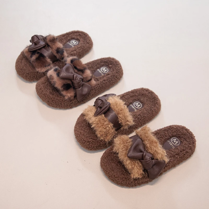 Arco de algodão esfregar 2025 inverno nova cabeça redonda dedo do pé aberto plataforma de camurça antiderrapante resistente ao desgaste flip-flops sapatos de casa das crianças