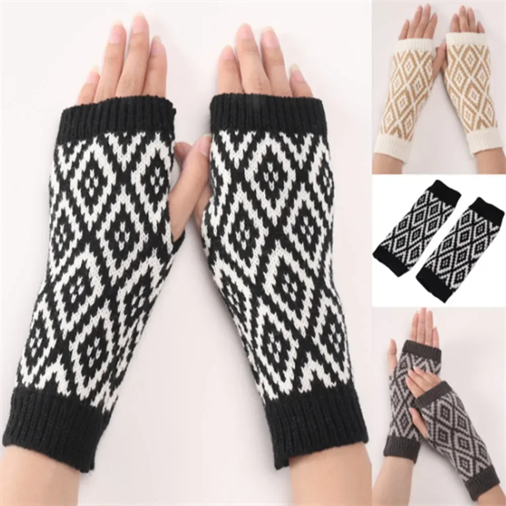 Woman Ladies Fingerless Gloves Winter Warm Soft Knitted Diamond pattern Mittens