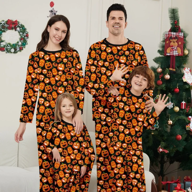 

2 Pieces Halloween Matching Family Outfits Pumpkin Print Pajamas Set Baby Romper Holiday Party Sleepwear Family Look Outfits