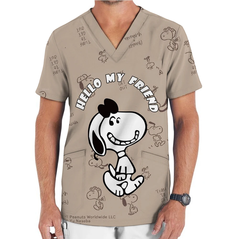 Men's frosted shirt Snoopy print nurse doctor nursing uniform dentist veterinary clinic surgical shirt medical T-shirt for men a