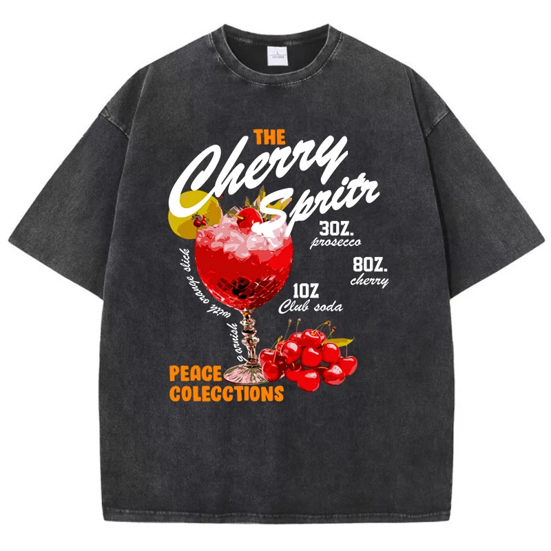 

The Cherry Sprits Print Snow Wash Womens Tee Shirt Loose Breathable T Shirts All-Match Cotton Top Trendy Casual Short Sleeve