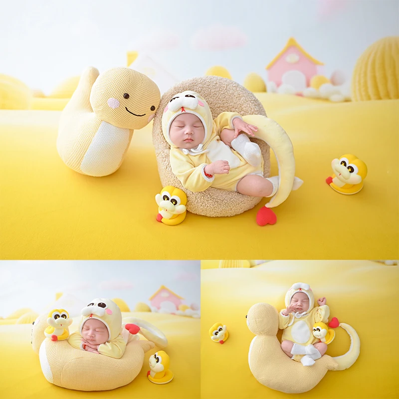 

Snake Theme Baby Photography Outfit Soft Baby Jumpsuit Hat With Tail Set Newborn Photoshoot Big Snake Doll Posing Accessories