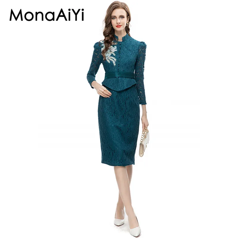 MonaAiYi Autumn Polyester Temperament Elegant Embroidered Sequin CutOut Slim Fit Long Sleeve High Waist Blue And Pink Dress