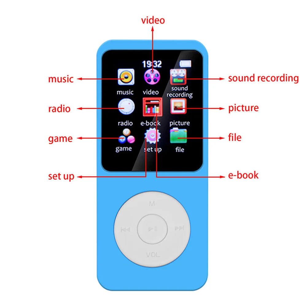 1.8 Inch MP3 Player Bluetooth 4.0 Portable Music Player Built-in Speaker Music Stereo Player Support FM Radio E-Book Recording