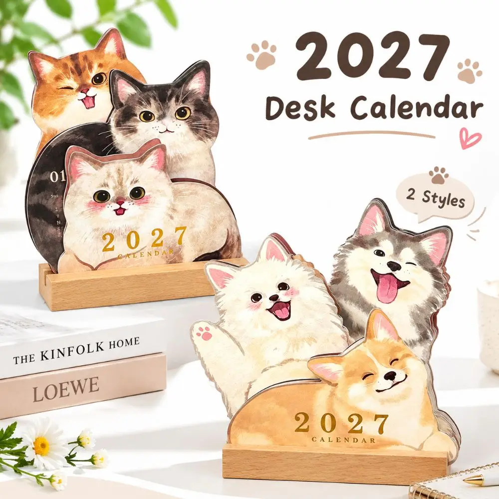 Gifts Detachable Wooden Base 2027 Desk Calendar Cartoon Cat Dog Standing Dog Calendar Standing Table Calendar Desktop Ornament