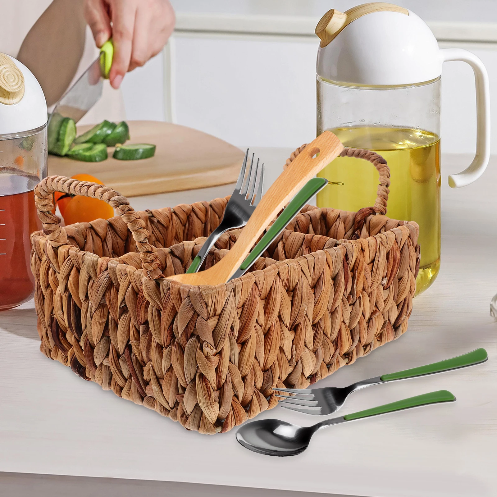 

Grass Woven Cutlery Storage Basket Multi-Grid Silverware Organizer Kitchen Utensil Holder Tabletop Sundry Basket For Home