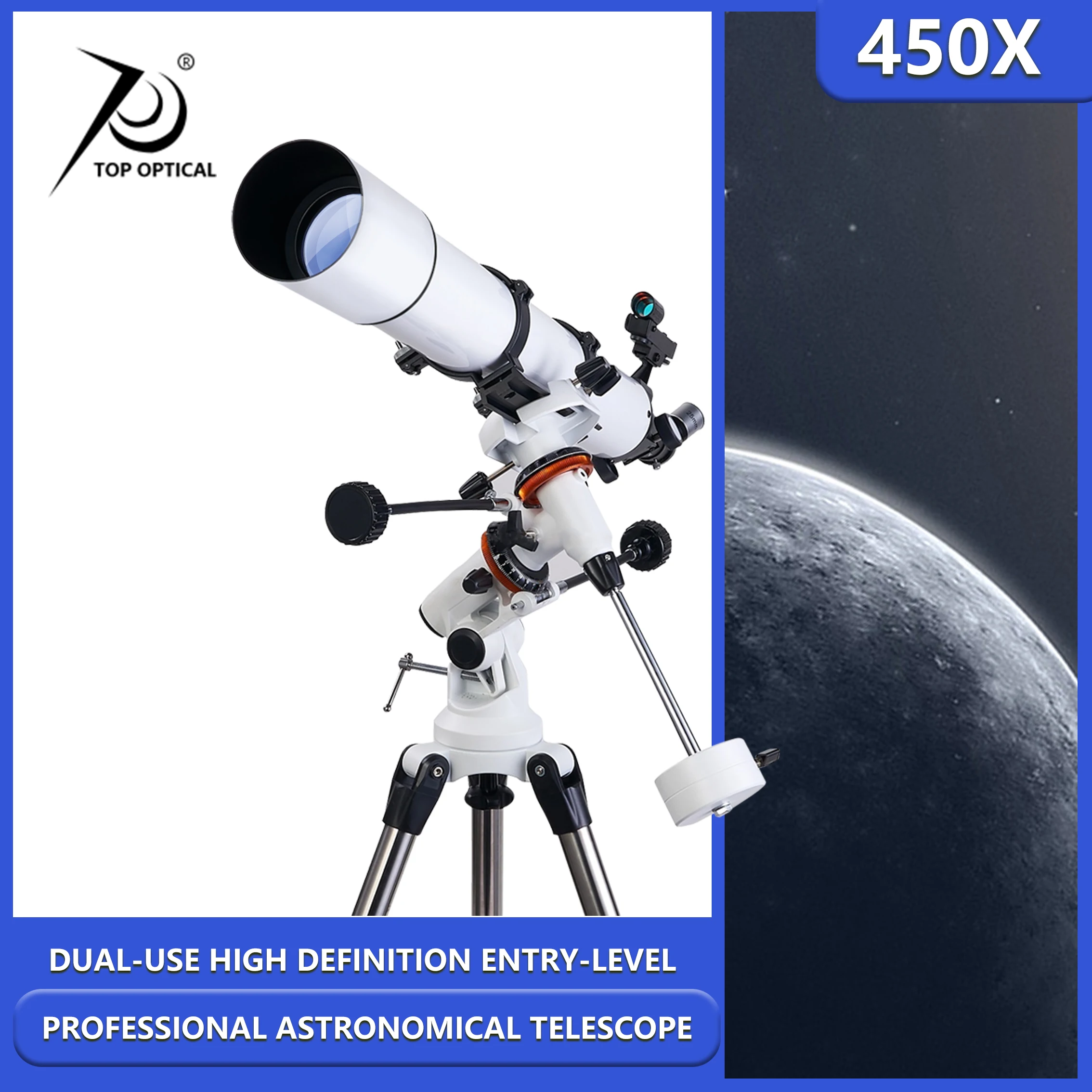 450X Professional Monocular High Definition 80mm Refracting，Astronomical Professional Telescope for Adults Equatorial Telescopes
