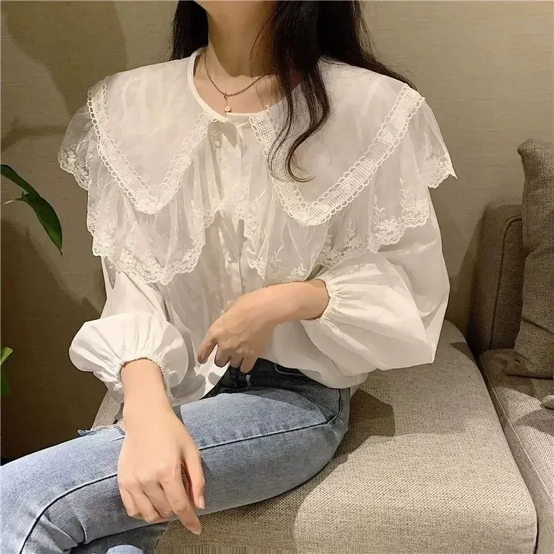 Blusa De mujer Fan Col Claudine Top manga larga Camisa con cuello De encaje Bulses Ropa De Majer XQ394