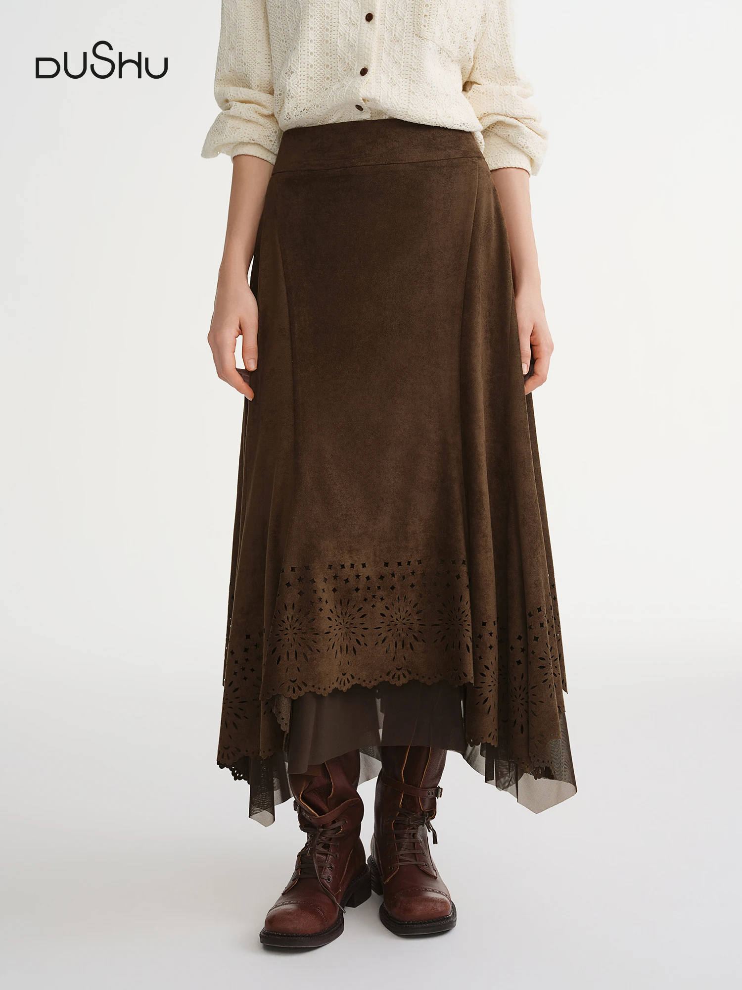 DUSHU ملابس نسائية رائعة بمقاسات كبيرة تنورة نصف مخملية مقصوصة للإغراء نصف تنورة عصرية متعددة الاستخدامات