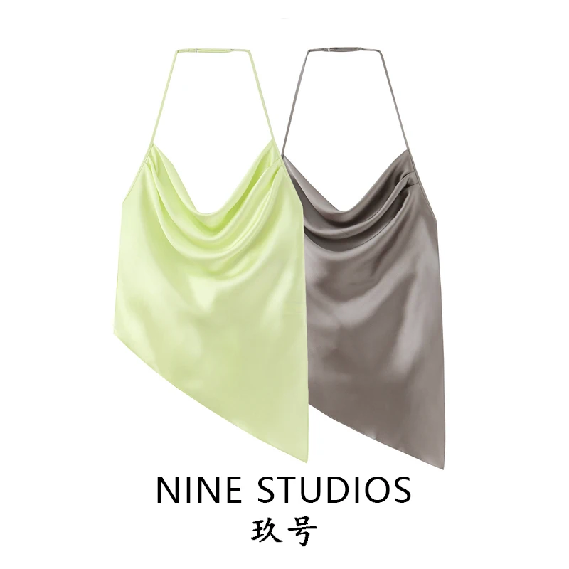 Silk Satin Texture Halter Neck Backless Top Strap Vest NINE ZAR Women's Fashion  Back Knot Decorated Blouse 7822332