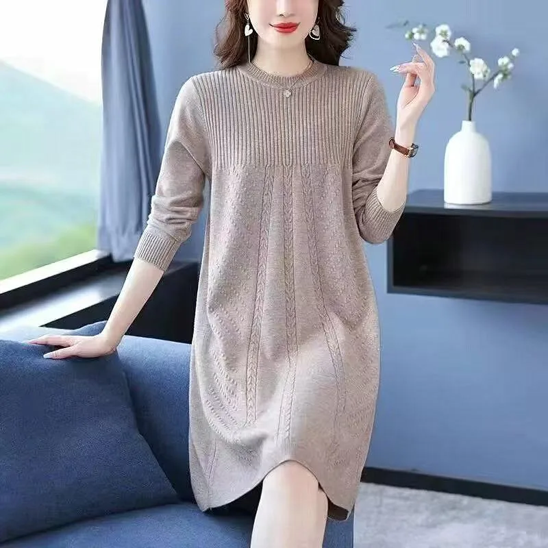 

Elegant Middle-long Women's Sweater Knitting Fall Winter Clothes Woman Jumper Warm Pollover Top Round Neck Pull Knitwear Dress
