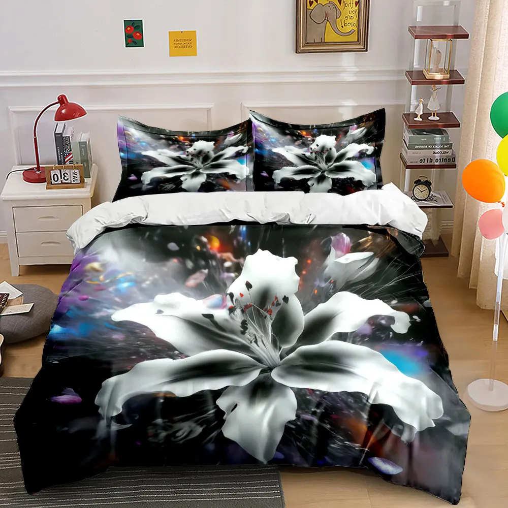 Abstract White Lily Flower Bedding Set 3pcs, Black Background Floral Art Duvet Cover Set, Aesthetic Soft Bed Linen for Bedroom