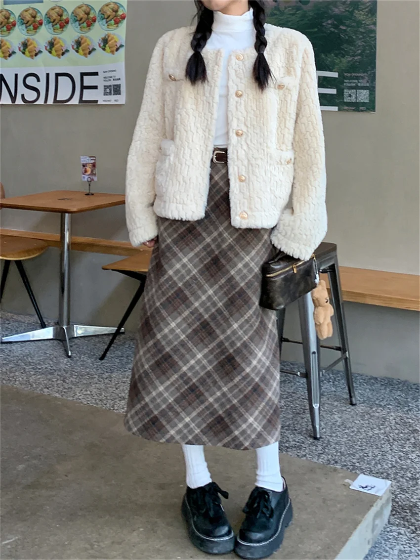 Alien Kitty Office Lady Coats Women Elegant Chic Plaid Long Skirts Suits 2024 Sweet Spring Daily New Fashion Gentle Sets