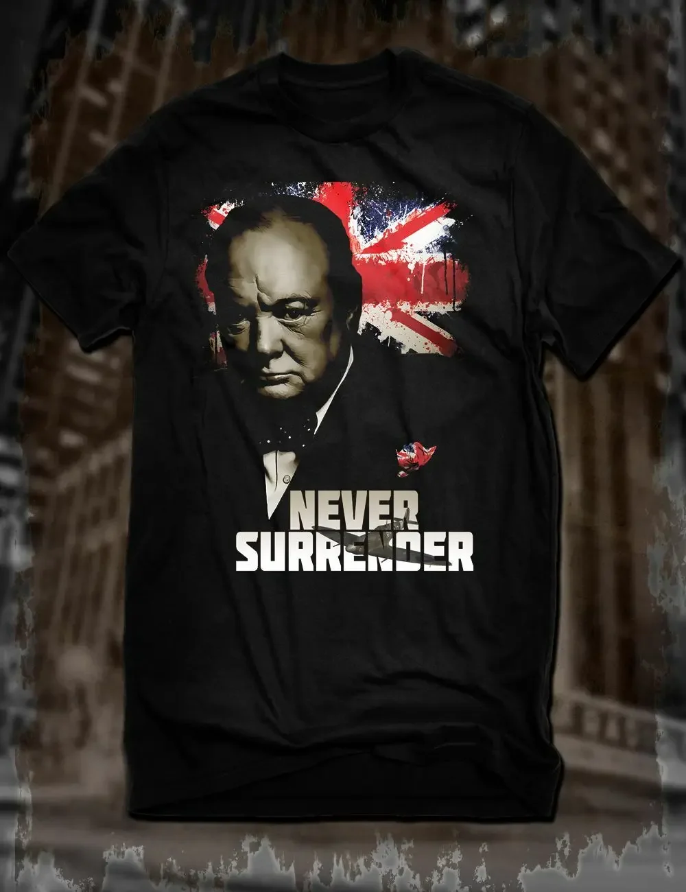 New Black Winston Churchill Allied Nations T-Shirt Never Surrender Tee Ww2