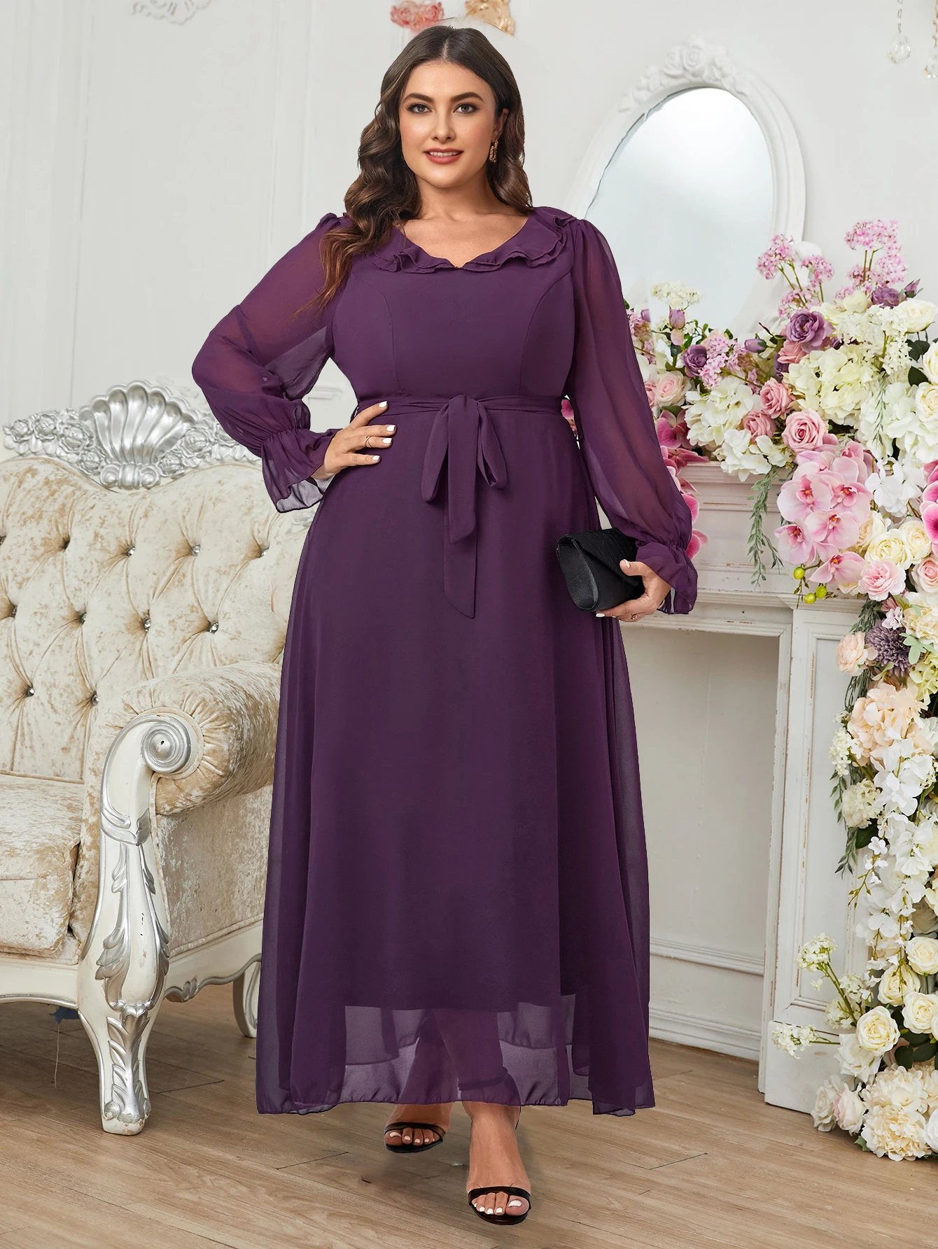 

Plus Size Chiffon Bridesmaid Dress 2025, High Waist Elegant Evening Gown with Floral Applique European & American Style