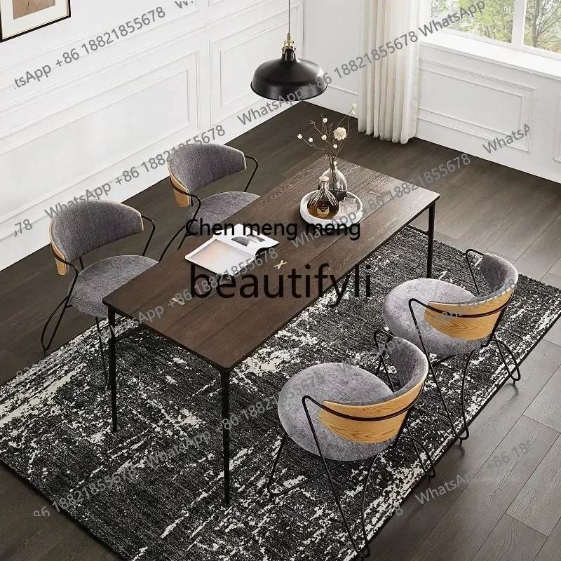 New arrive Nordic light retro industrial curved wood western restaurant armrest casual wrought iron dining chair soft cloth chai