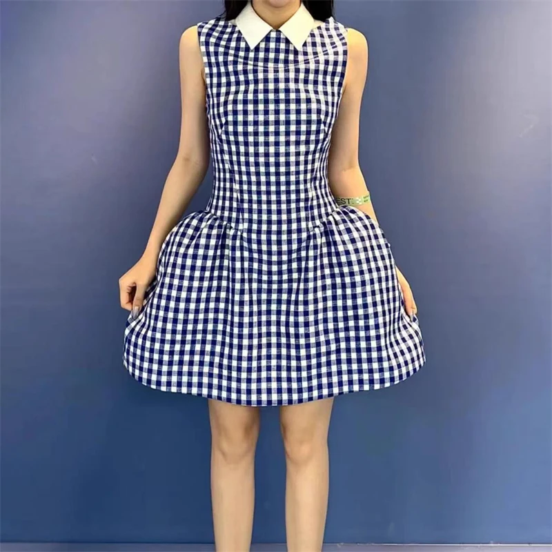 

Summer 2025 Women's Wool Blend Shirt Collar Blue Plaid Sleeveless Dress Y2K High Quality Fashion Casual A-Line Mini Skirt