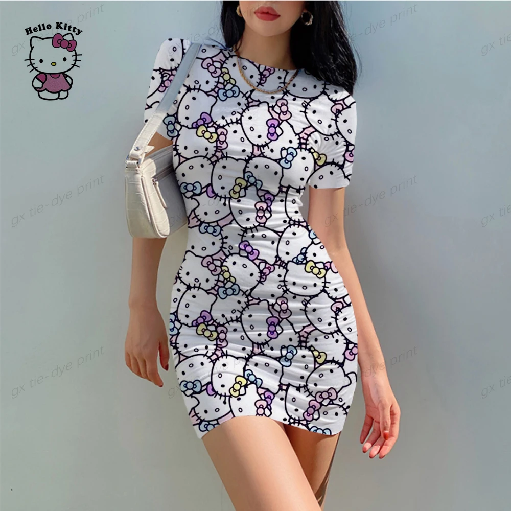 Hello Kitty Print Woman Dresses Elegant Dress Office Tight Slim Lady O Neck Summer Casual Cartoon 3D print Mini Dress Vestidos