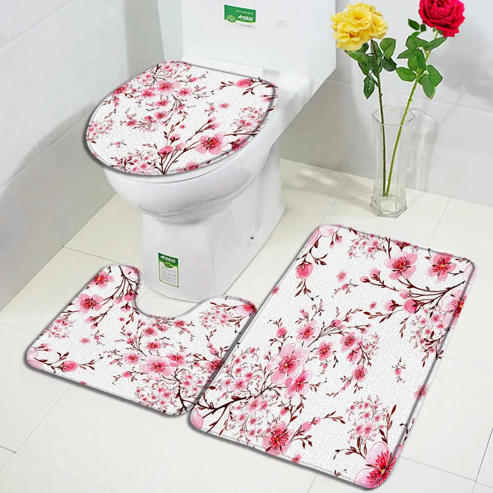 Pink Cherry Blossom Bath Mats 3pcs Set Plant Flowers Carpet Modern Print Home Bathroom Decor Door Rug Anti-Slip Toilet Cover Mat