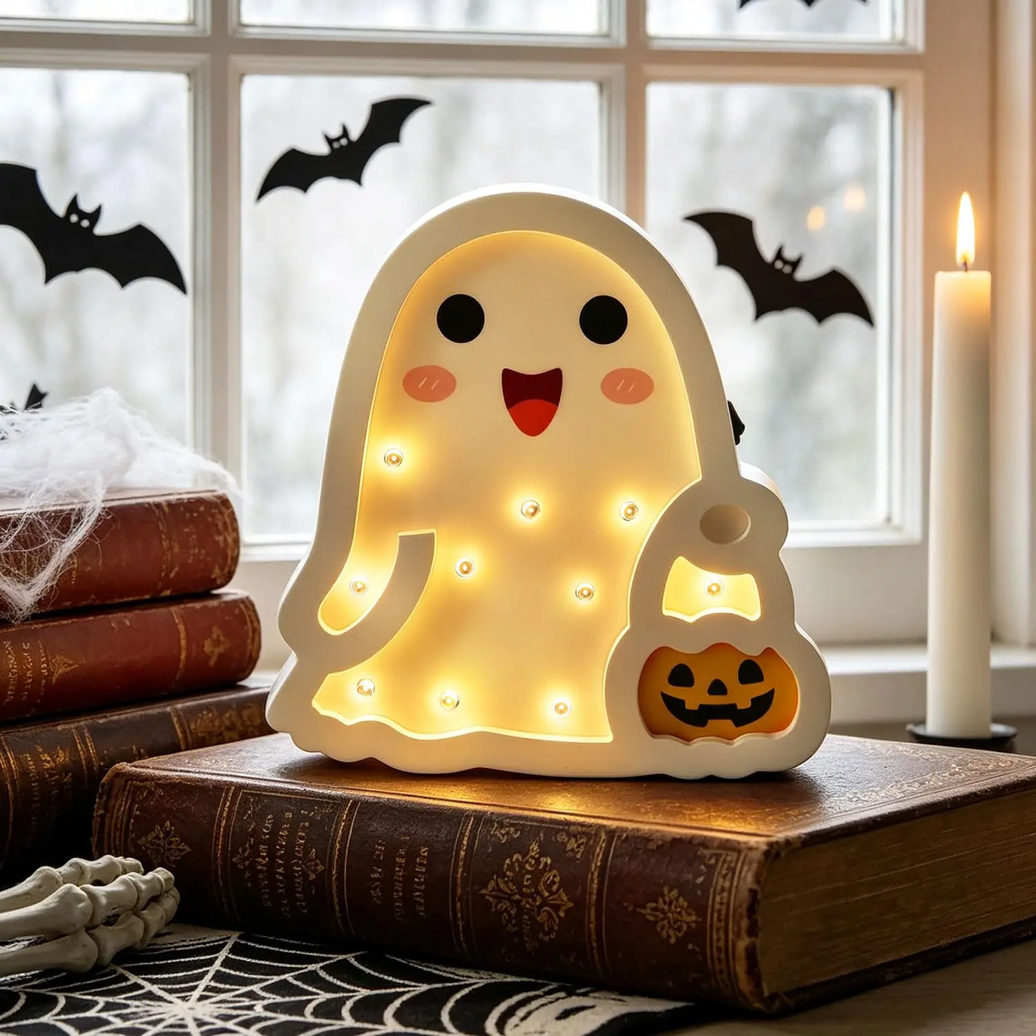 Halloween Light Up Ghost Table Centerpiece Lighted Wooden Desk Sign for Office Indoor Mantel Party Decor Battery Operated
