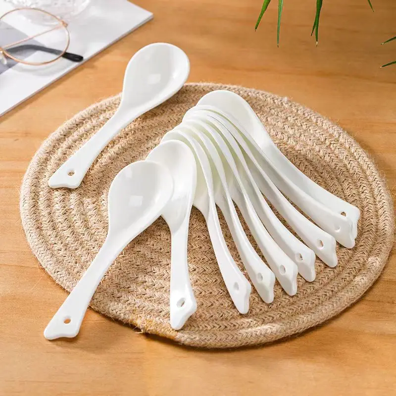 مصنع تانغشان بالجملة ملعقة سيراميك منزلية بيضاء نقية مقبض طويل ملعقة شوربة القهوة الحلوى العظام الصين ملعقة صغيرة #2