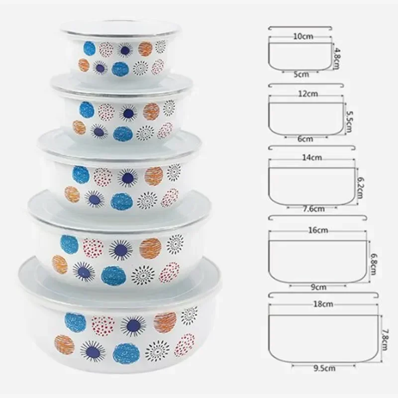 5Pcs/ enamel bowl Set Creative Flower Animal Enamel Bowls Salad Food Bowls with Plastic Covers for Home Kitchen