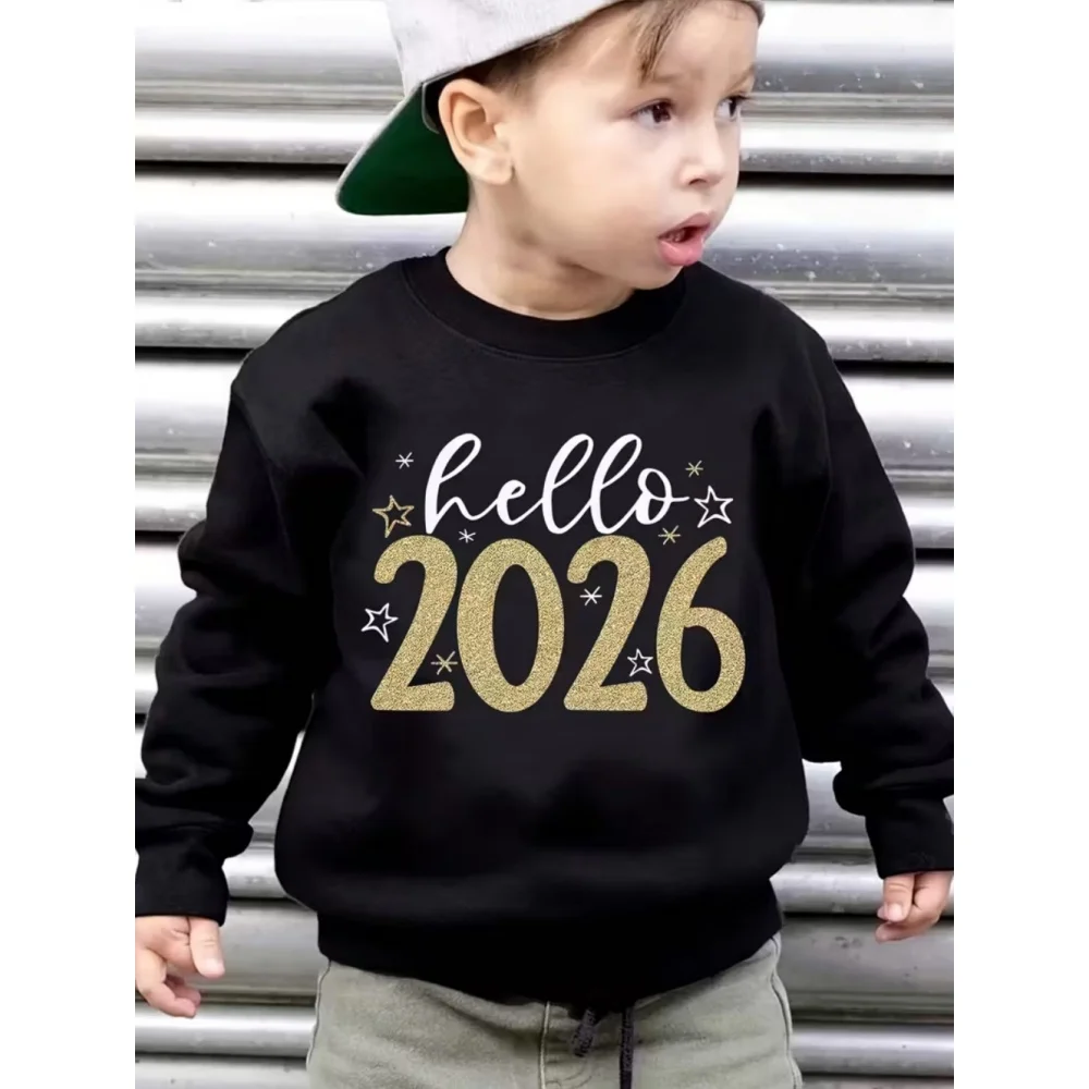 New Year Hello 2026 Sweatshirt Kids Crew Neck Hoodie Kids Gift Long Sleeve Boys Girls Autumn Fashion Holiday Children's Clothing