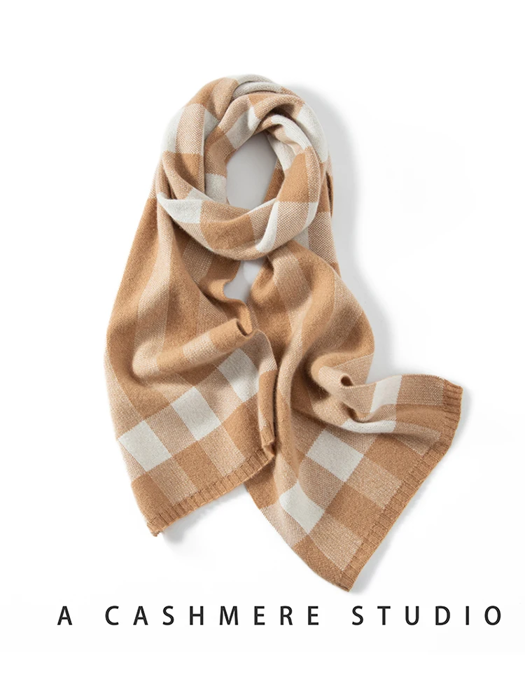Autumn Winter New Knitted Ladies Cashmere Scarf Versatile Plaid Warm Neck Protection Small Scarf Casual Style Fashion Accessory
