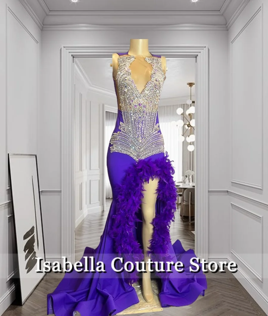 

Exquisite Purple Diamonds Long Prom Dresses 2024 Beads Rhinestone Crystal Side Split Feathers Birthday Party Gown Customized