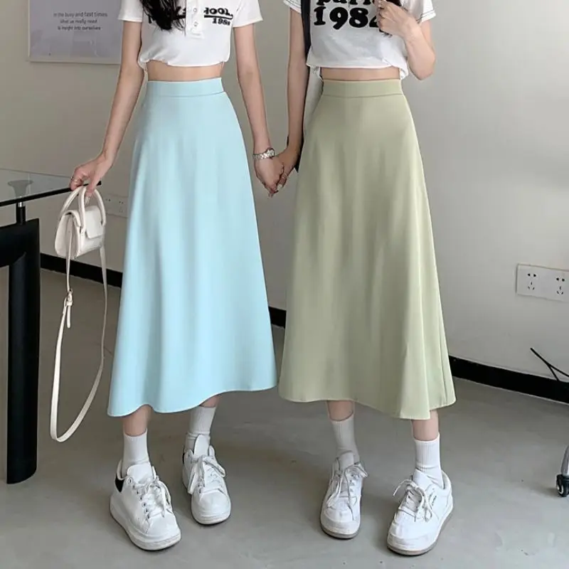 Skirts Women Summer Solid High Waist Friends Korean Style Streetwear Leisure  Trendy Baggy Ulzzang Popular Mid-Calf A-line