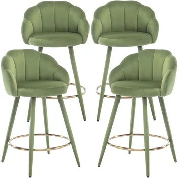 25.5 인치 벨벳 바 스툴, 등받이가 있는 모던 카운터 높이 바 스툴 4 개 세트, 편안한 바 스툴