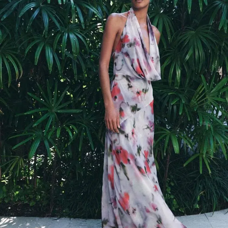 Letnia nowość: damska sukienka midi Dr ZA2025 z kwiatowym nadrukiem, kołnierzykiem, w stylu streetwear, długa, wyszczuplająca sukienka dla kobiet.