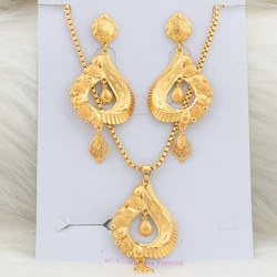 2pcs Jewelry Set Gold Plated Tassel Drop Earrings Flower Pendant Necklace for Women 40CM Chain Fashion Jewelry Accessories