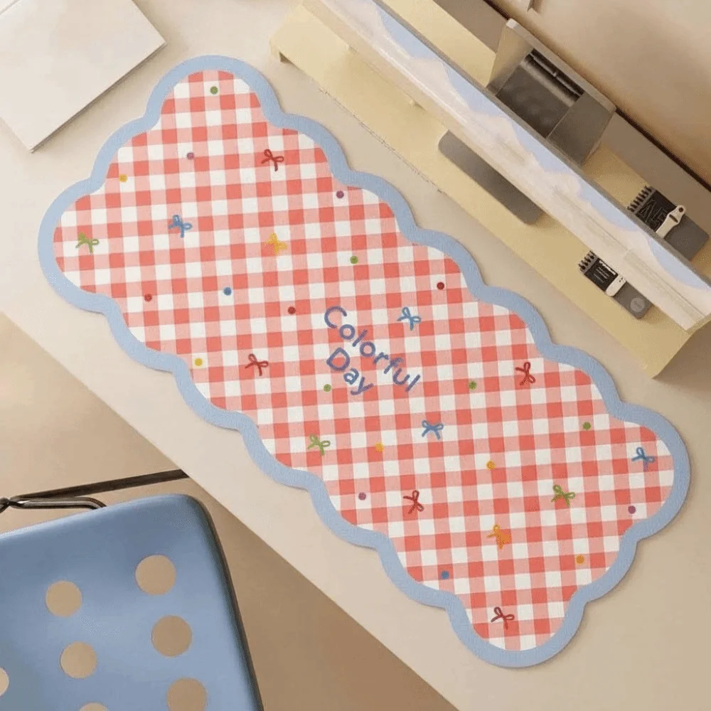 Table Cushion Gingham Desk Mat Wavy Edge Cute Table Blotter Washable Non-slip Mouse Pad Students