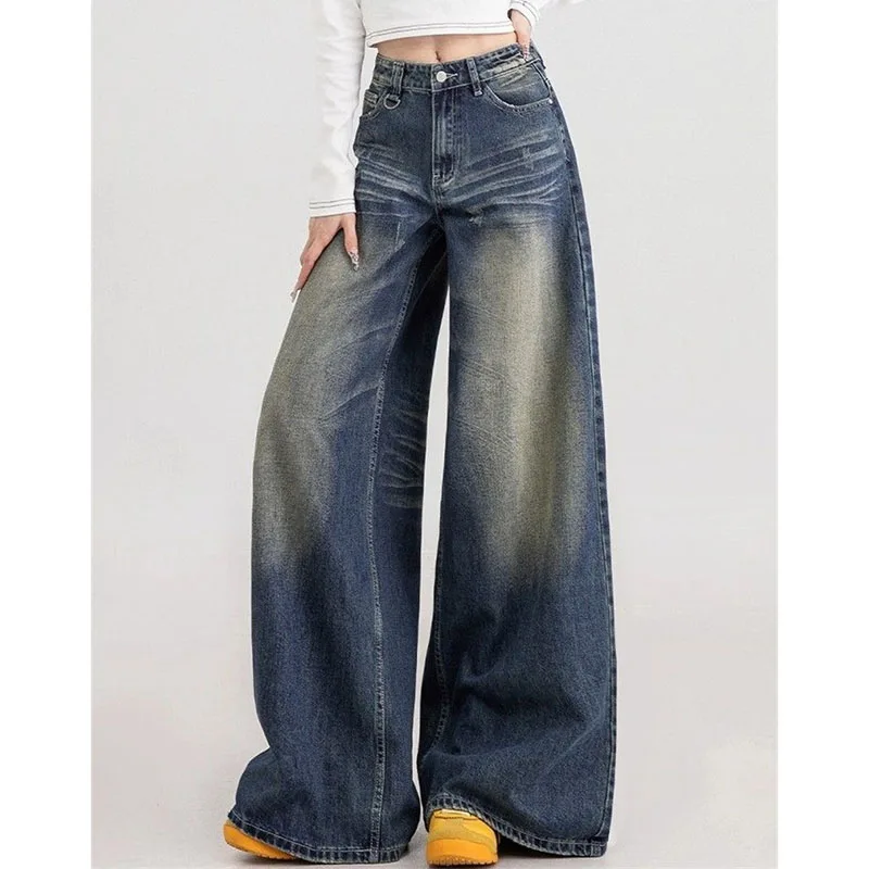 

Spring Autumn Women High Waist Jeans American Female Straight Cut Denim Pantalons Retro Ladies Wide Leg Casual Cowboy Trousers