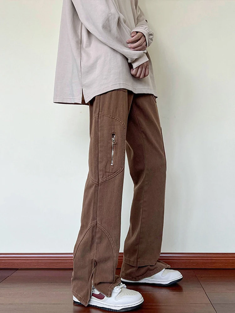 

Мужские брюки Cleanfit American Street в американском уличном стиле, коричневые, на молнии, рабочие, прямого кроя, зауженные, с разрезами, повседневные, модные