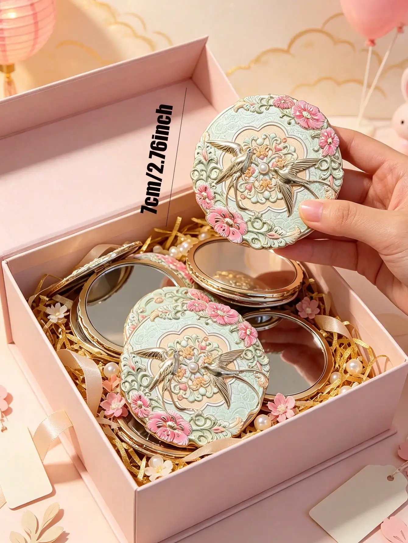 1/3pc - Exquisite Portable Chinese Vintage Floral Embossed Makeup Mirror, Peony Delicate Flower Bird Metal Portable Pocket Mirro