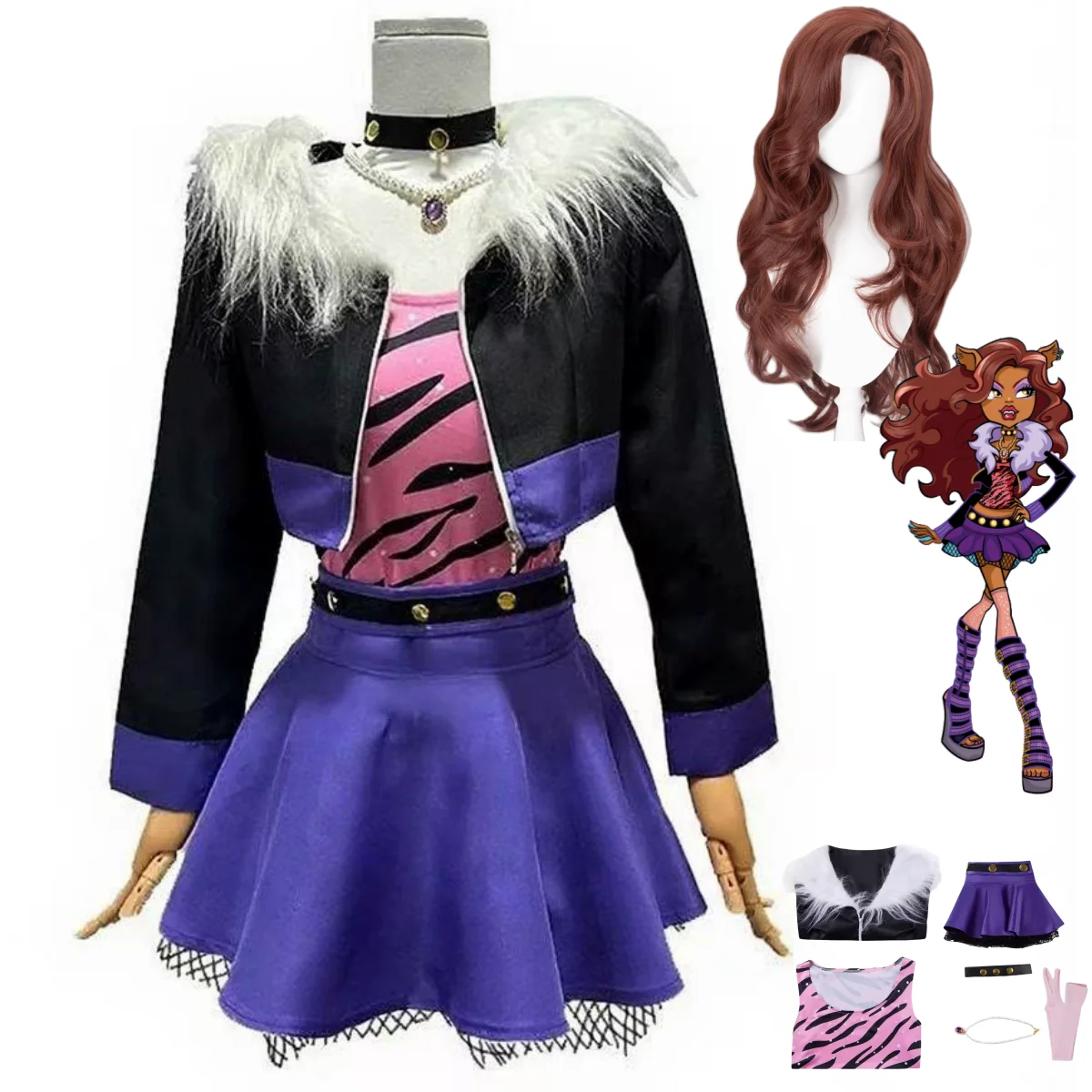 Disfraz de Anime americano Clawdeen Wolf, abrigo corto negro, falda, uniforme, peluca, mujer adulta, traje Sexy de Carnaval y Halloween