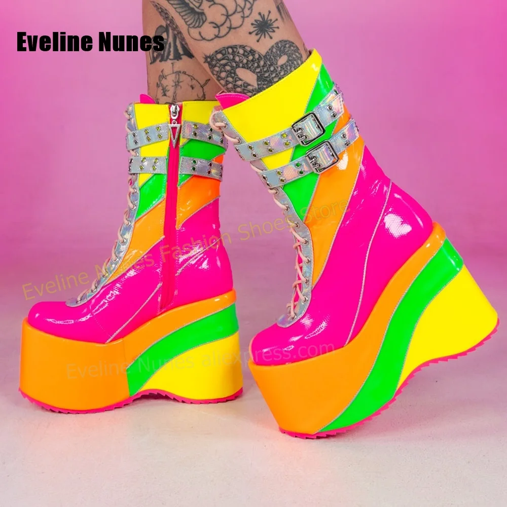 Women Neon Color Block Platform Wedge Boots Double Buckle Straps Patent Leather Cosplay Casual Mid Calf Boots 2026 Outfit Shoes