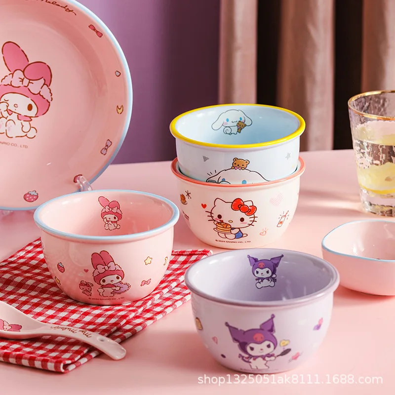 

Sanrio Hello Kitty Cinnamoroll Anime Kawaii Ins Ceramic Bowl Cute Cartoon My Melody Kuromi Soup Bowl Cutlery Gifts for Kids