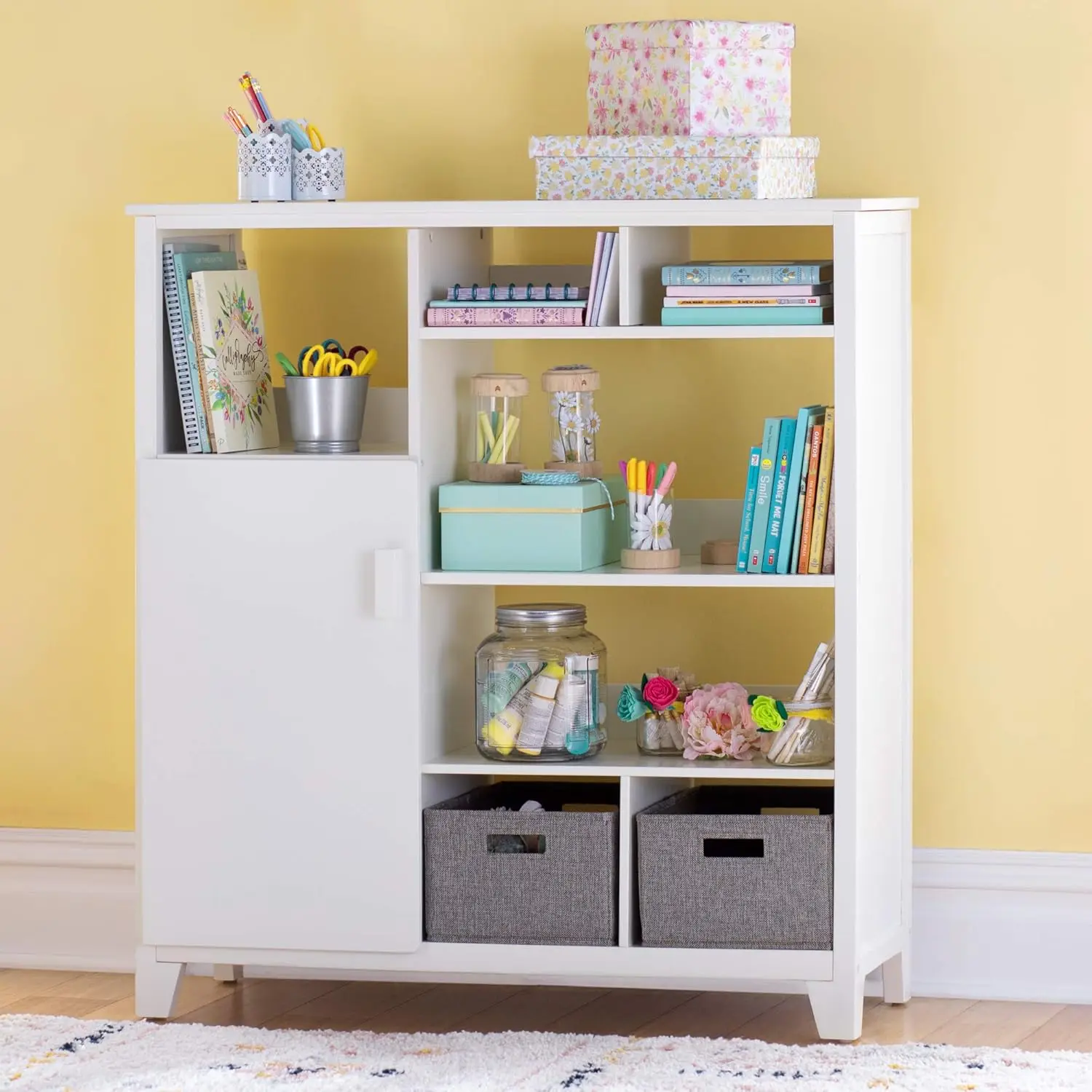 Kids' Media System - Creamy White: 43 Inch Wooden Cubby Storage Organizer Bookcase With Fabric Bins For Bedroom And Playroom