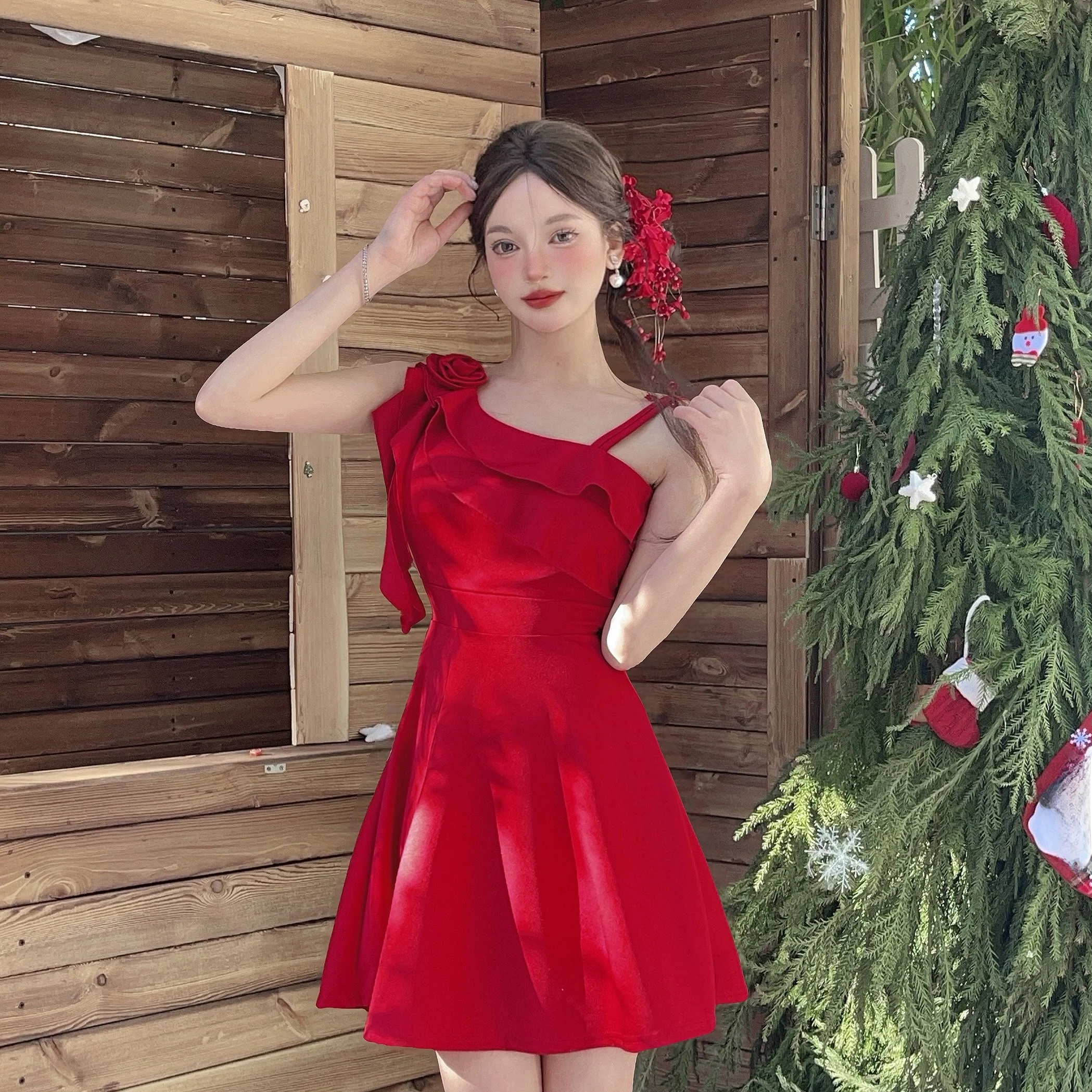 Low Cut Floral  ort Sve Base Layer One oulder Dr Commute Korean Sle High Waist Autumn Winter New Women's Dr