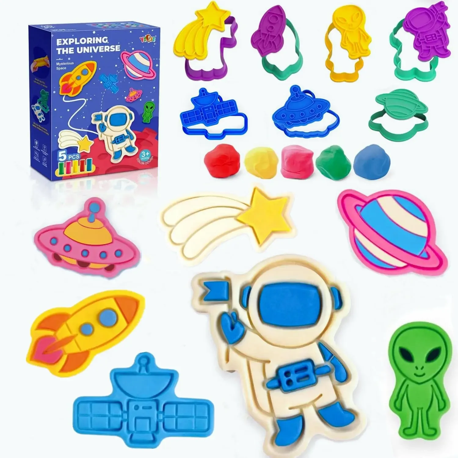 Yeahbo Playdough Sets Toys for Kids 2 3 4 5 Years, Play Dough Tools Plasticine for Children, Playdough Accessories 8 Space Mold